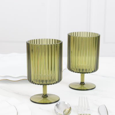 12-Pack Dusty Sage Green Plastic Wine Glasses 12oz, Vintage Ribbed Pattern Short Stemmed - Reusable Shatterproof Goblets