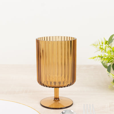 12-Pack Amber Gold Plastic Wine Glasses 12oz, Vintage Ribbed Pattern Short Stemmed - Reusable Shatterproof Goblets