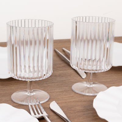 6-Pack Clear Plastic Wine Glasses 12oz, Vintage Ribbed Pattern Short Stemmed - Reusable Shatterproof Goblets