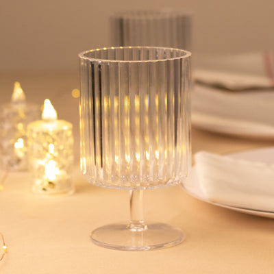 12-Pack Clear Plastic Wine Glasses 12oz, Vintage Ribbed Pattern Short Stemmed - Reusable Shatterproof Goblets