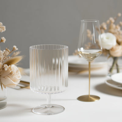 12-Pack Clear Plastic Wine Glasses 12oz, Vintage Ribbed Pattern Short Stemmed - Reusable Shatterproof Goblets