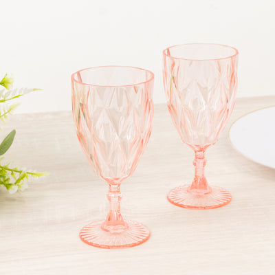 12 Pack Diamond Cut Vintage Plastic Wine Goblets – Blush 11oz Embossed Reusable Drink & Cocktail Glasses