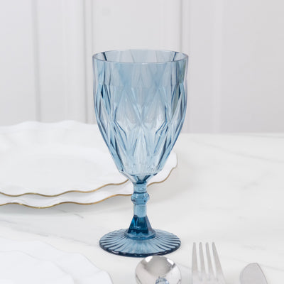12 Pack Diamond Cut Vintage Plastic Wine Goblets – Dusty Blue 11oz Embossed Reusable Drink & Cocktail Glasses