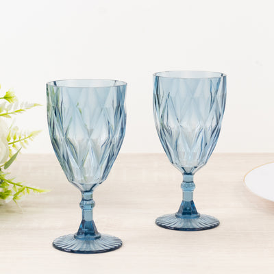 12 Pack Diamond Cut Vintage Plastic Wine Goblets – Dusty Blue 11oz Embossed Reusable Drink & Cocktail Glasses