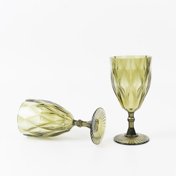 12 Pack Diamond Cut Vintage Plastic Wine Goblets – Dusty Sage Green 11oz