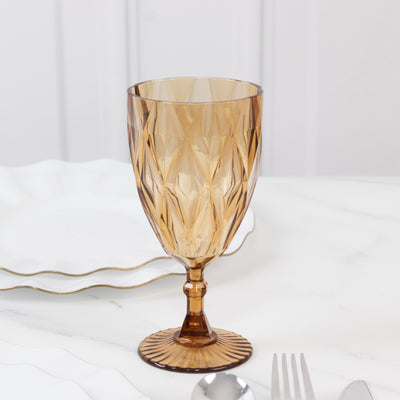 12 Pack Diamond Cut Vintage Plastic Wine Goblets – Amber Gold 11oz Embossed Reusable Drink & Cocktail Glasses