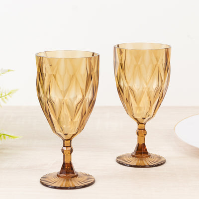 12 Pack Diamond Cut Vintage Plastic Wine Goblets – Amber Gold 11oz Embossed Reusable Drink & Cocktail Glasses
