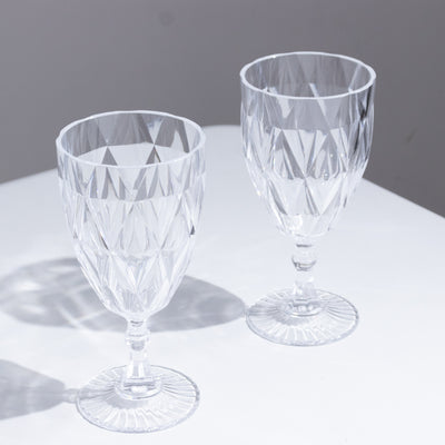 12 Pack Diamond Cut Vintage Plastic Wine Goblets – Clear 11oz Embossed Reusable Drink & Cocktail Glasses