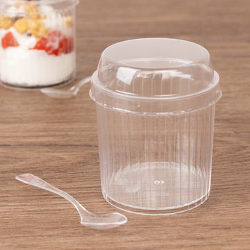 24 Pack Clear Ribbed Plastic Fruit Dessert Cups with Lids and Spoons, 5oz Mini Disposable Parfait Ice Cream Cups - 3"