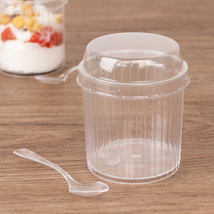 24 Pack Clear Ribbed Plastic Fruit Dessert Cups with Lids and Spoons, 5oz Mini Disposable Parfait