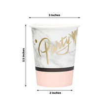 24 Pack 9 Ounce Marble Paper Cups With Blush Rose Gold 'Party' Text