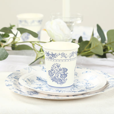 24 Pack Paper Cups in White Royal Blue Damask Floral Pattern, Elegant Disposable Party Cups - 9oz