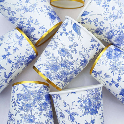 24 Pack Paper Cups in White Blue French Toile Pattern with Gold Rim, Elegant Disposable Party Cups - 9oz