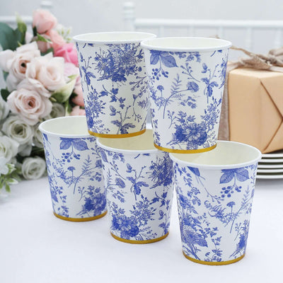 24 Pack Paper Cups in White Blue French Toile Pattern with Gold Rim, Elegant Disposable Party Cups - 9oz