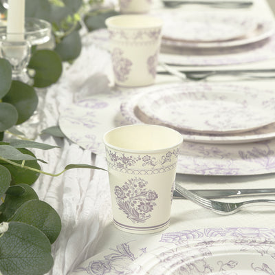 24 Pack Paper Cups in White Lavender Damask Floral Pattern, Elegant Disposable Party Cups - 9oz
