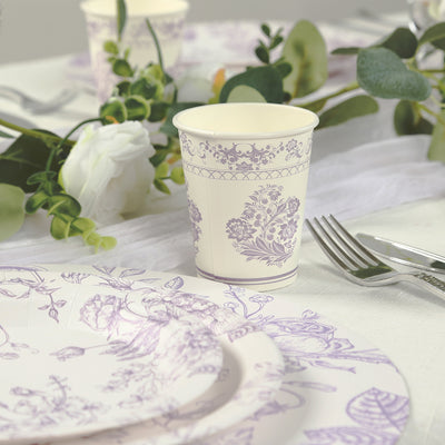 24 Pack Paper Cups in White Lavender Damask Floral Pattern, Elegant Disposable Party Cups - 9oz