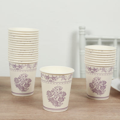 24 Pack Paper Cups in White Lavender Damask Floral Pattern, Elegant Disposable Party Cups - 9oz