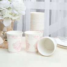 24 Pack White Pink French Toile Paper Cups, Elegant Disposable Party Cups