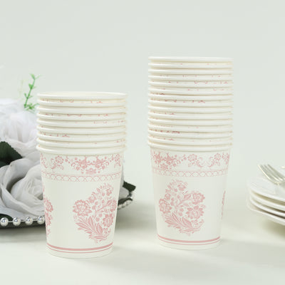 24 Pack Paper Cups in White Pink Damask Floral Pattern, Elegant Disposable Party Cups - 9oz