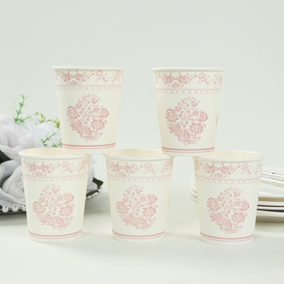 24 Pack Paper Cups in White Pink Damask Floral Pattern, Elegant Disposable Party Cups - 9oz