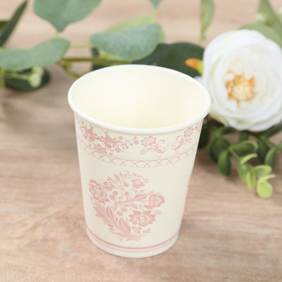 24 Pack Paper Cups in White Pink Damask Floral Pattern, Elegant Disposable Party Cups - 9oz