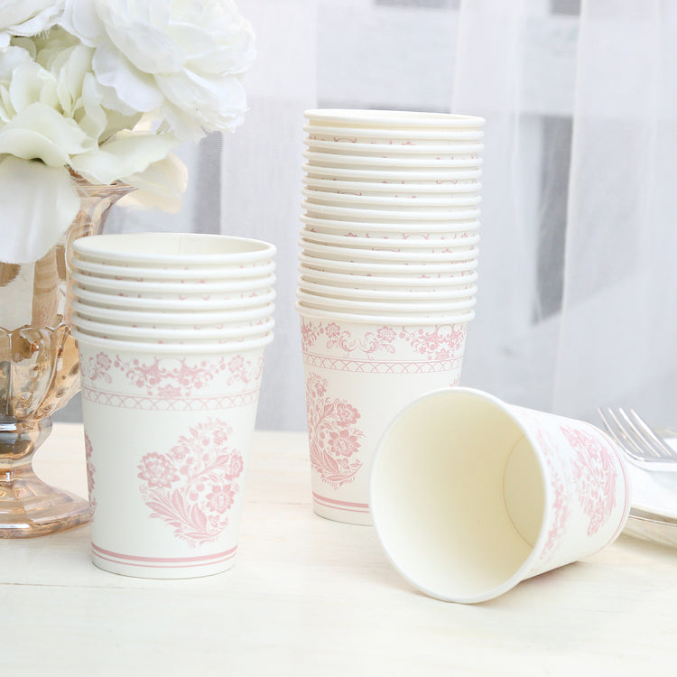 24 Pack White Pink French Toile Paper Cups, Elegant Disposable Party Cups