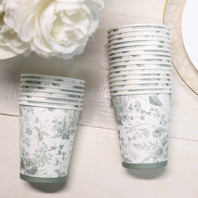 24 Pack Paper Cups in White Sage Green French Toile Pattern, Elegant Disposable Party Cups - 9oz