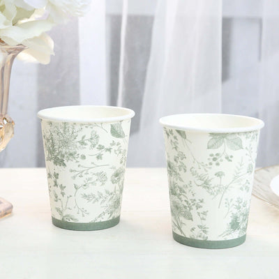 24 Pack Paper Cups in White Sage Green French Toile Pattern, Elegant Disposable Party Cups - 9oz