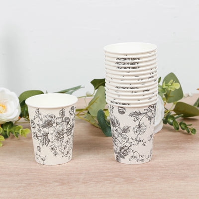 50-Pack Paper Cups 9oz White with Black French Toile Print - Chic Disposable Floral Party Cups for Hot & Cold Beverages