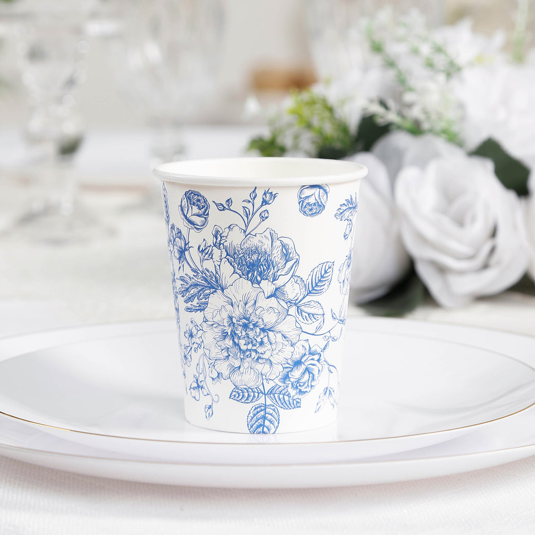 50-Pack Paper Cups 9oz White with Blue French Toile Print - Chic Disposable Floral Party Cups