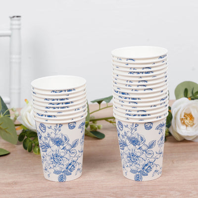 50-Pack Paper Cups 9oz White with Blue French Toile Print - Chic Disposable Floral Party Cups for Hot & Cold Beverages