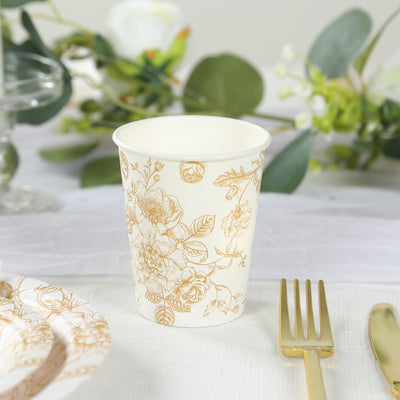 24-Pack Paper Cups 9oz White with Gold French Toile Print - Chic Disposable Floral Party Cups for Hot & Cold Beverages