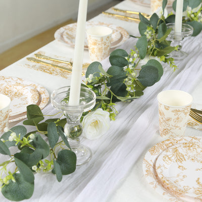 24-Pack Paper Cups 9oz White with Gold French Toile Print - Chic Disposable Floral Party Cups for Hot & Cold Beverages