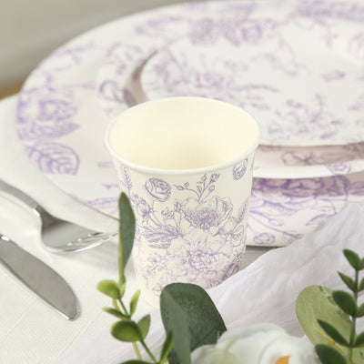 24-Pack Paper Cups 9oz White with Lavender Lilac French Toile Print - Chic Disposable Floral Party Cups for Hot & Cold Beverages