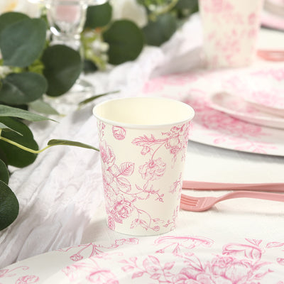 24-Pack Paper Cups 9oz White with Pink French Toile Print - Chic Disposable Floral Party Cups for Hot & Cold Beverages