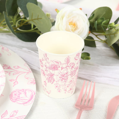 24-Pack Paper Cups 9oz White with Pink French Toile Print - Chic Disposable Floral Party Cups for Hot & Cold Beverages