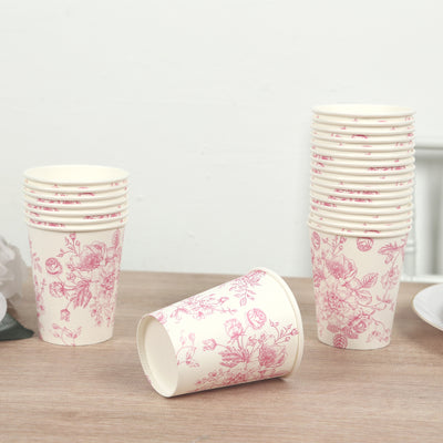24-Pack Paper Cups 9oz White with Pink French Toile Print - Chic Disposable Floral Party Cups for Hot & Cold Beverages