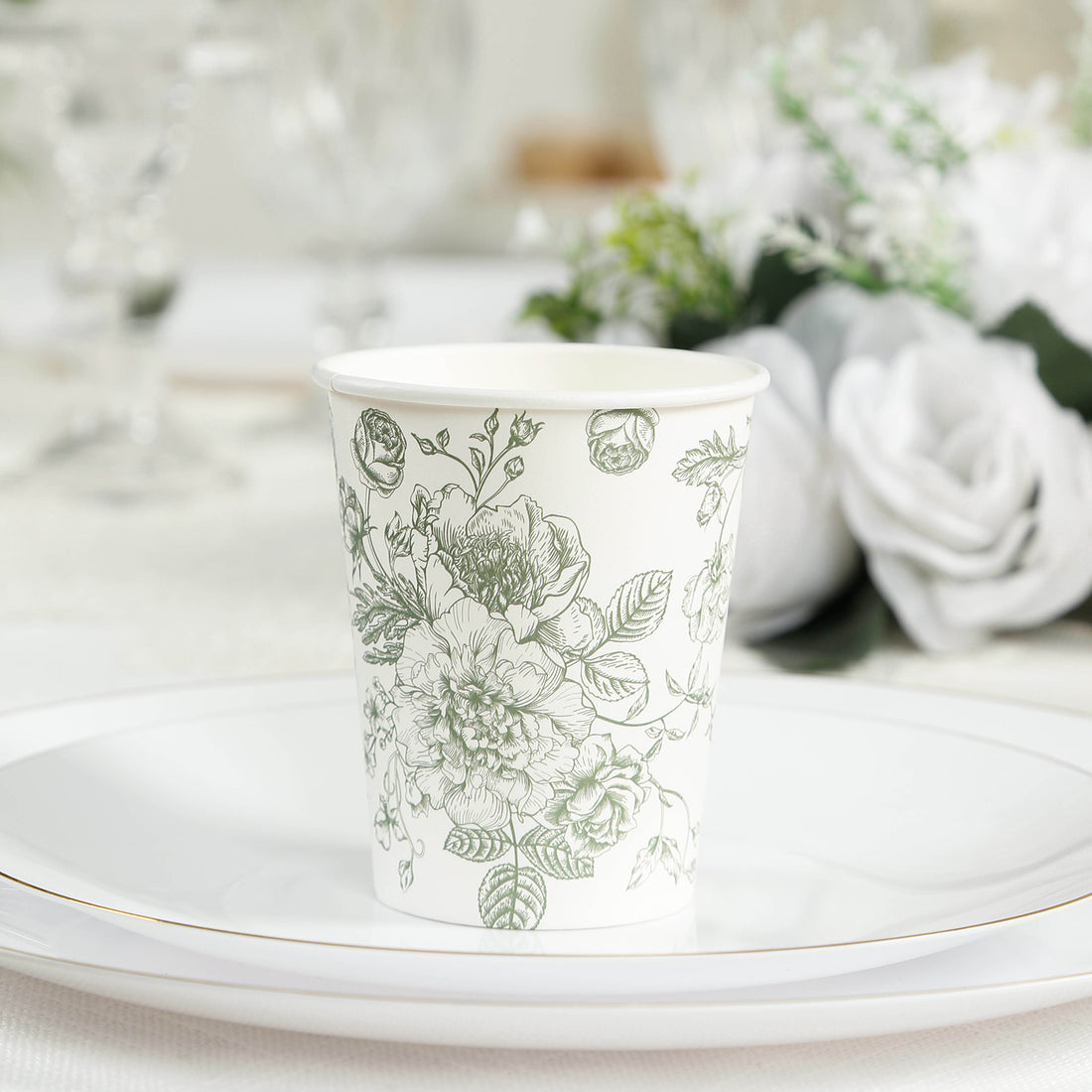 50-Pack Paper Cups 9oz White with Sage Green French Toile Print - Chic Disposable Floral Party Cups