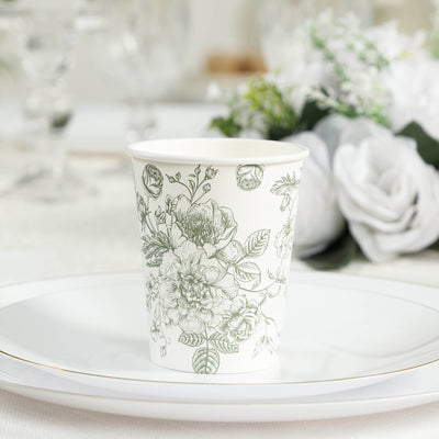 50-Pack Paper Cups 9oz White with Sage Green French Toile Print - Chic Disposable Floral Party Cups for Hot & Cold Beverages