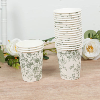 50-Pack Paper Cups 9oz White with Sage Green French Toile Print - Chic Disposable Floral Party Cups for Hot & Cold Beverages