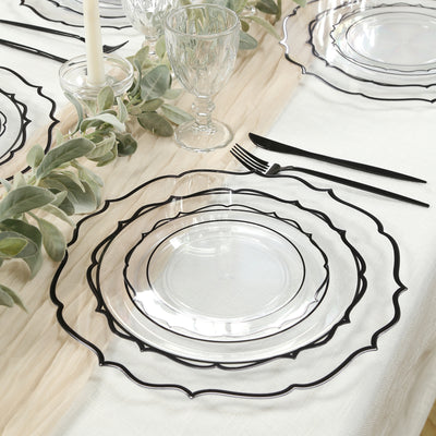10-Pack Plastic Round Dinner Plates 10" Clear with Black Scalloped Rim - Disposable Party Plates