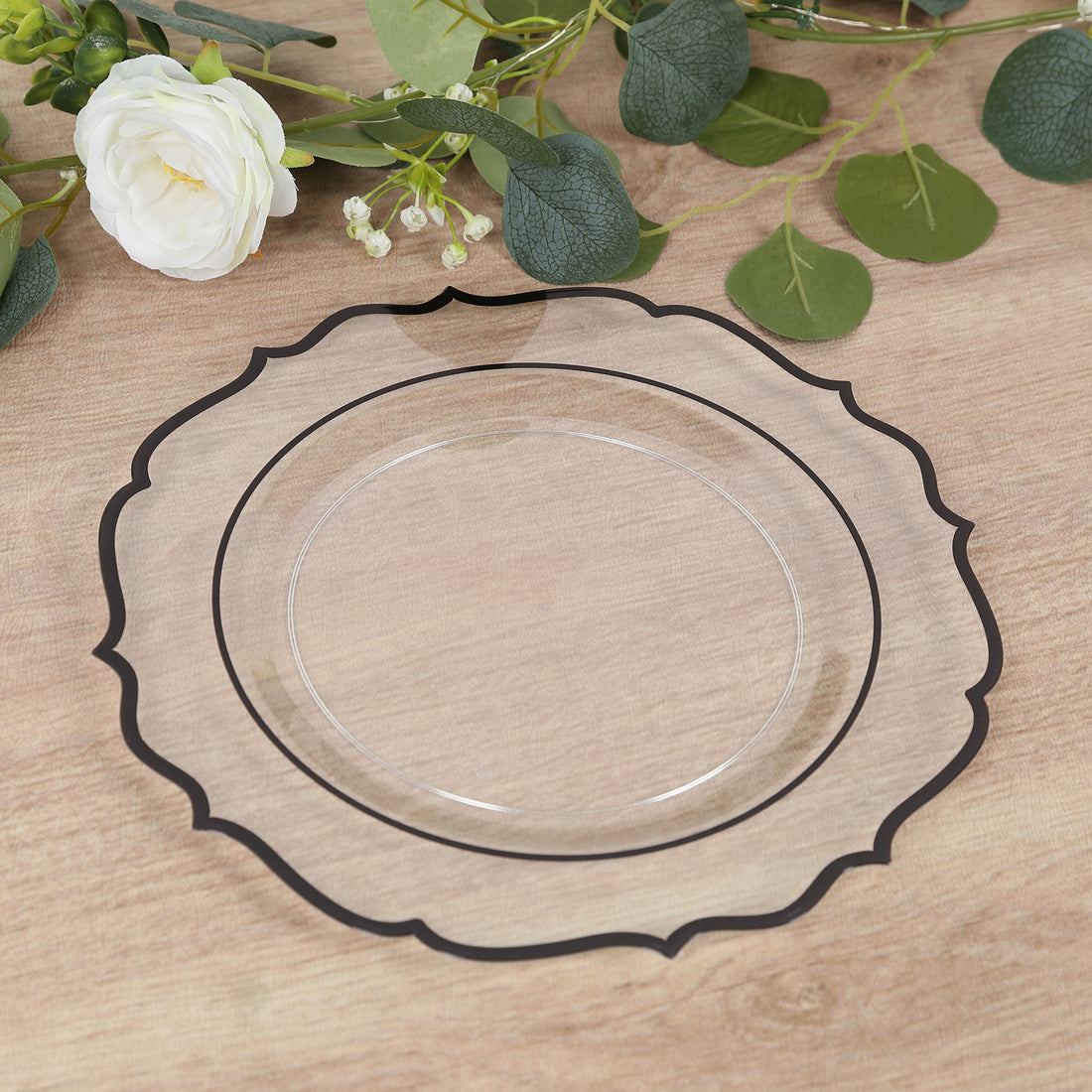 10-Pack Plastic Round Dinner Plates 10inch Clear with Black Scalloped Rim - Disposable Party Plates
