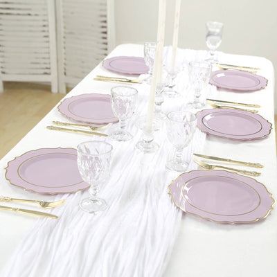 10-Pack Plastic Round Dinner Plates 10" Lavender Lilac with Gold Scalloped Rim - Disposable Party Plates