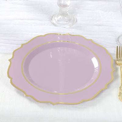 10-Pack Plastic Round Dinner Plates 10" Lavender Lilac with Gold Scalloped Rim - Disposable Party Plates