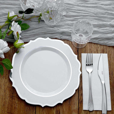 10-Pack Plastic Round Dinner Plates 10" White with Silver Scalloped Rim - Disposable Party Plates