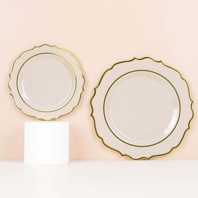 10-Pack Plastic Round Dinner Plates 10" Taupe with Gold Scalloped Rim - Disposable Party Plates