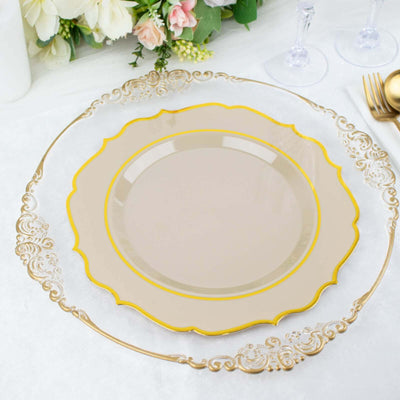 10-Pack Plastic Round Dinner Plates 10" Taupe with Gold Scalloped Rim - Disposable Party Plates