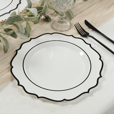 10-Pack Plastic Round Dinner Plates 10" White with Black Scalloped Rim - Disposable Party Plates