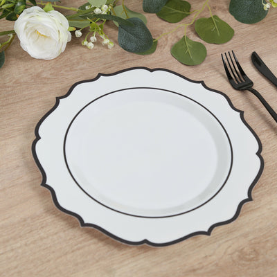 10-Pack Plastic Round Dinner Plates 10" White with Black Scalloped Rim - Disposable Party Plates