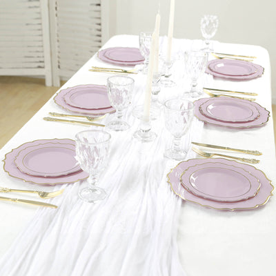 10-Pack Plastic Round Dessert Plates 8" Lavender Lilac with Gold Scalloped Rim - Disposable Appetizer/Salad Plates